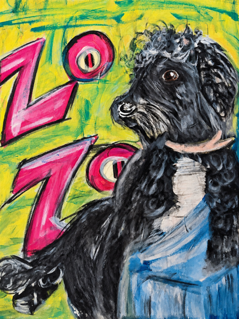 Abstract acrylic portrait of Zoey, a black dog, against a colorful yellow, green, and pink background.