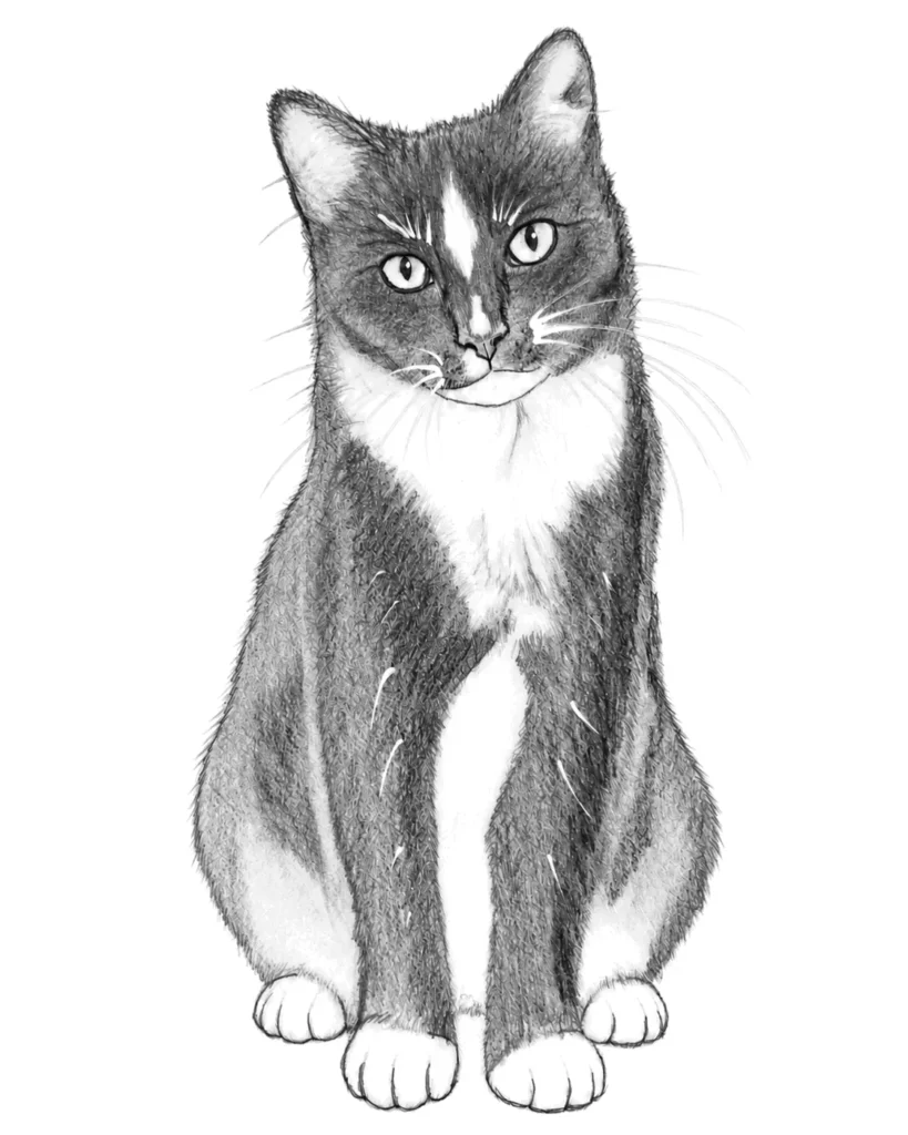 Black-and-white graphite portrait of Mickey the tuxedo cat